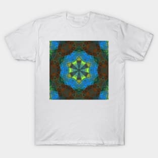 Mosaic Kaleidoscope Flower Blue and Green T-Shirt